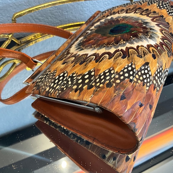 VTG Outdoor Forest Fairytale Wedding Feather Frame Bag Woodsy Bride Brown Blue - Picture 10 of 16